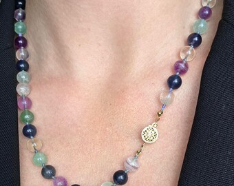 Vintage Fluorite Bead Necklace, Multicolor Hand-knotted Gemstone Jewelry