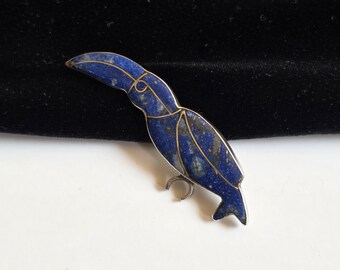 Vintage Lapis Lazuli Toucan Brooch Pendant, 980 Silver Mexican Modernist Bird Pin