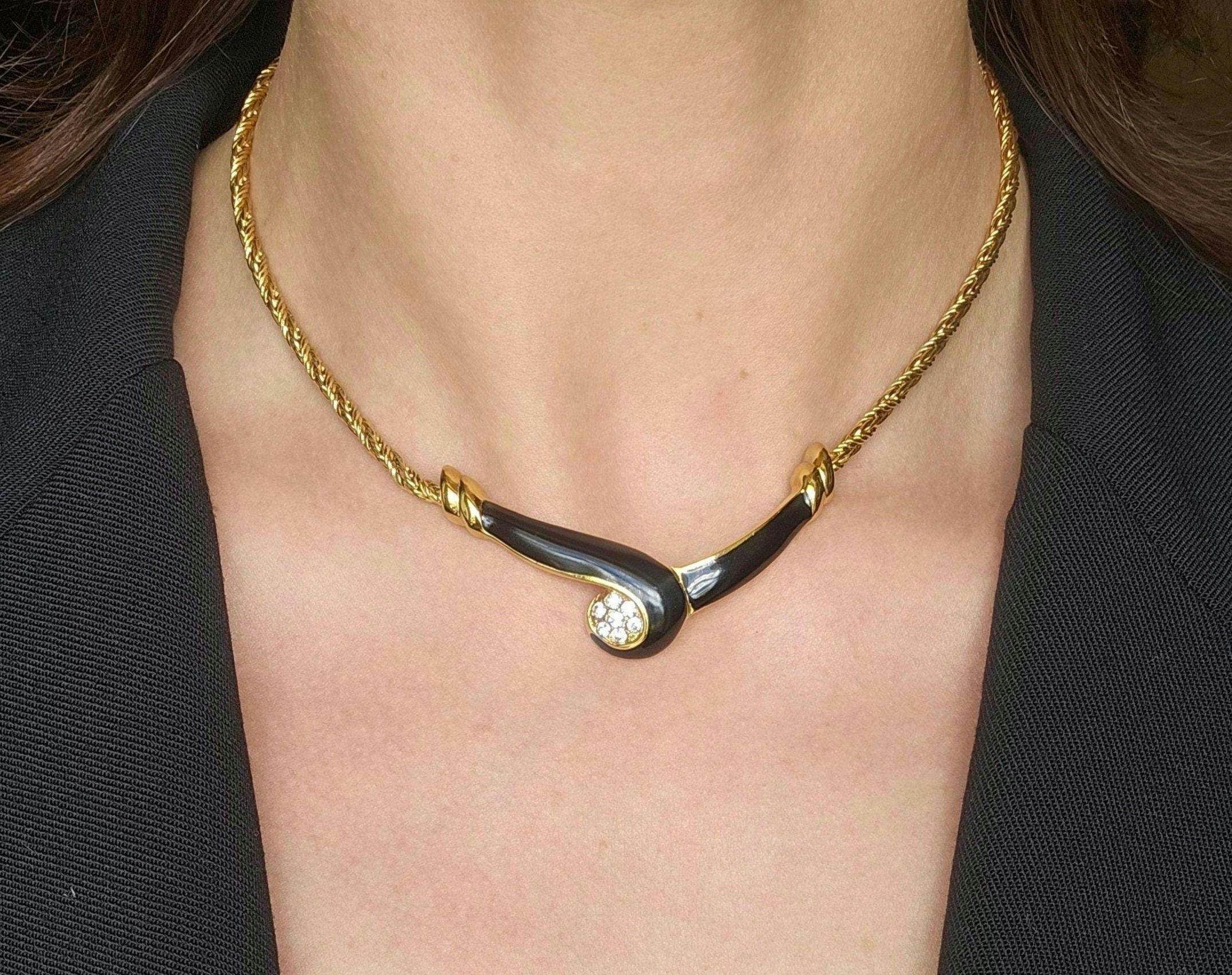 Geometric enamel choker necklace Monet Vintage art deco necklace spiral black enamel rhinestone V pendant necklace gold tone princess collar