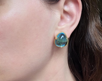 Vintage Kenneth Jay Lane Blue Glass Earrings, Gold Tone Statement Domed Clip Ons