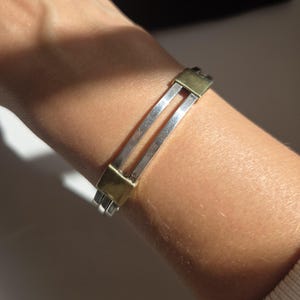 Vintage Modernist Taxco Bracelet, Two Tone Sterling Silver Geometric Hinged Bangle, Mexico 925