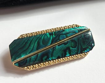 Abalone bar brooch Butler Vintage art deco style green and gold tone pin geometric rectangle brooch modernist Canadian designer jewelry