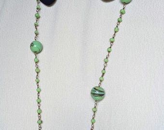 Antique Art Deco Green Art Glass Flapper Necklace, 44 inches long