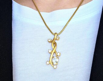 Vintage D’Orlan Celestial Crystal Pendant Necklace Matte Gold Tone Snake Chain