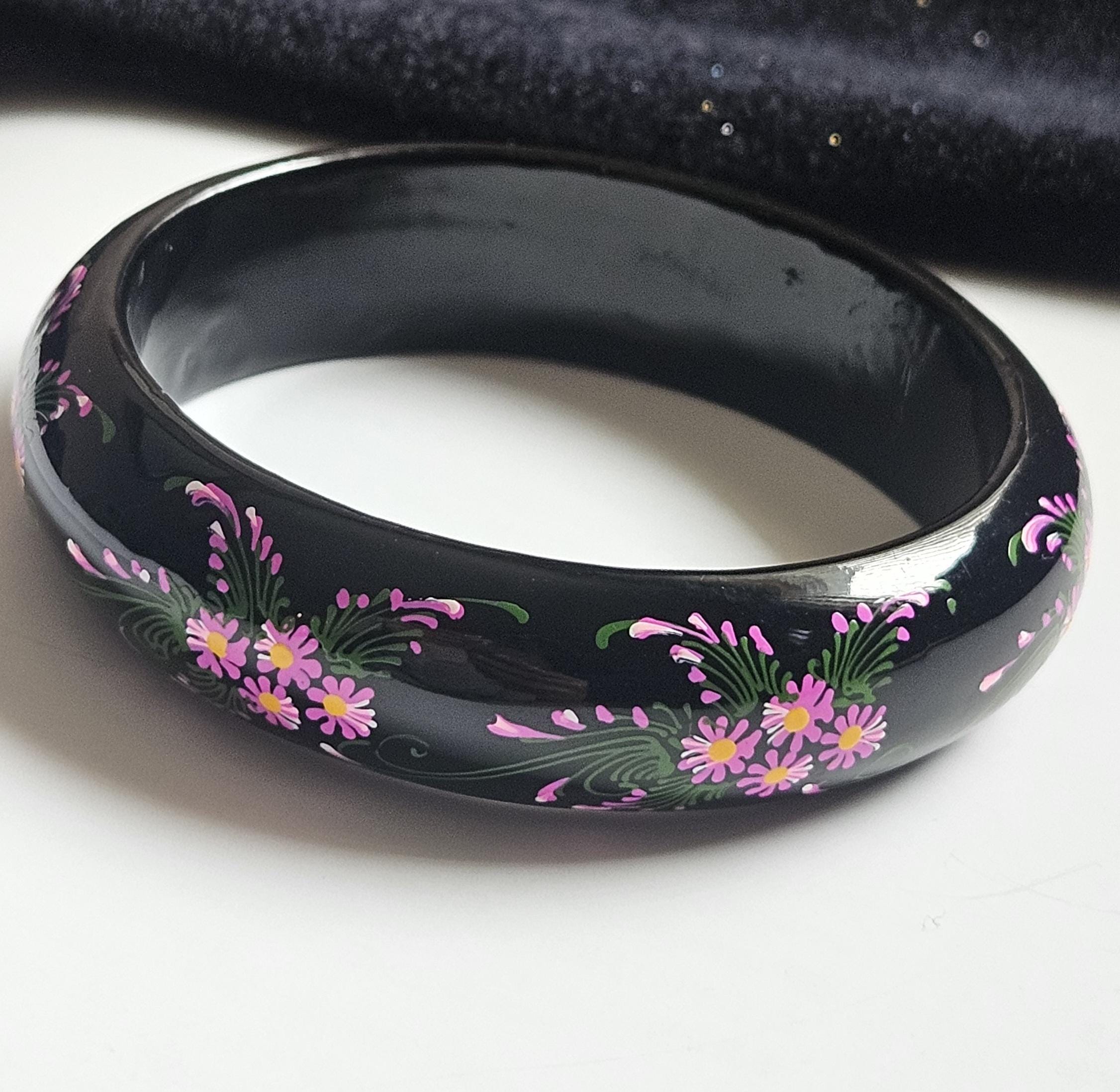 Black Lacquer Bangle Vintage Handpainted Pink Floral Bracelet