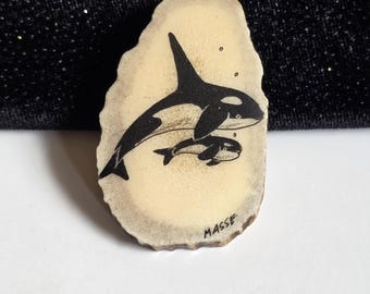 Vintage Whale Brooch Len Masse Antler Etched Orca Pin, Canadian Marine Life Art