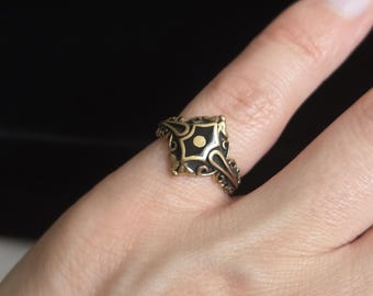 Vintage Black Enamel Gold Tone Ring, Gothic Revival Statement Ring, Victorian Inspired Costume Jewelry