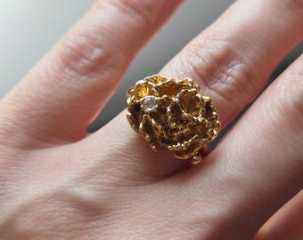 Vintage Avon Lichen Ring, Brutalist Organic Gold Tone Cocktail Ring
