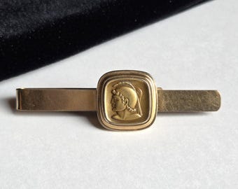 Vintage Roman Warrior Tie Clip | Mid Century Krementz Classical Centurion Gold Tone Tie Bar