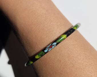 Vintage Cloisonné Floral Bangle Bracelet | Black Enamel Slim Bracelet