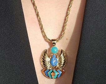 Jackie Collins Vintage Scarab Pendant Necklace, Egyptian Revival Jewelry