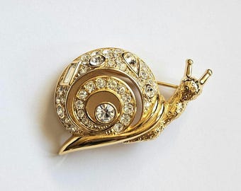 Crystal snail brooch Swarovski Vintage figural pin gold tone animal brooch sparkling shell pin gastropod brooch spiral design 90s bag charm