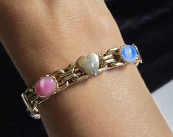 Vintage Gold Tone Heart Link Bracelet with Colorful Art Glass Beads Signed Celebrity N.Y.