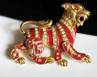 Vintage Joan Rivers Mythical Creature Brooch Red Enamel Rhinestone Gold Tone Pin, Heraldic Animal