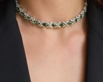 Vintage Signed Coro Green Rhinestone Choker, Silver Tone Floral Collar Necklace, Mid Century Jewelry