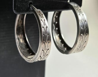 Vintage Silver Hoop Earrings, Sterling Open Metalwork Leaf Design, Big Hoops Artisian