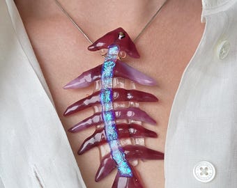 Art Glass Fish Bone Brooch/ Pendant, Fused Dichroic Studio Glass