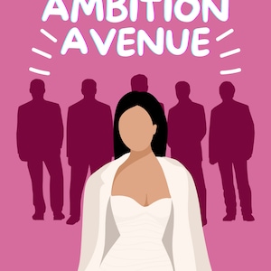 Puede incluir: Portada de libro con fondo rosa que presenta el título "AMBITION AVENUE" en una fuente estilizada. La portada incluye una ilustración de una mujer con vestido y chaqueta blancos, con siluetas de personas en el fondo. También se muestra el texto "NAVIGATING MY HEALING JOURNEY TO MY DREAM LIFE" y "WRITTEN BY MELBEE".