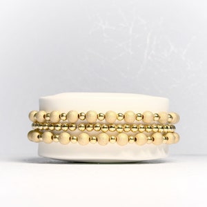 Genuine 14k Gold Filled Beaded Bracelet Set, dainty gold bracelet, Yellow Gold Filled Stackable Stretch Bracelets, Water Resistant Jewelry