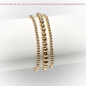 IT&#39;S A 14k gf STACK OF 3! Gift for Her, Gold Filled Stacking Bracelets 3mm and 5mm, Everyday Jewelry, Mom Gifts, Beaded Ball Bracelets