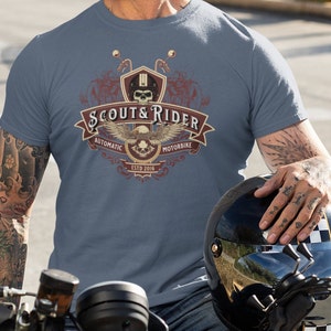 Scout & Rider Tee,  Motorcycle Shirt, Biker Shirt, Chopper Shirt, Tee for Dad, Vintage Moto Tee, Eagle Shirt, Skull Tee, Shield Shirt