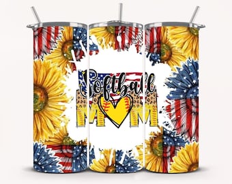 Sunflower Softball Mom Tumbler: Personalized Stainless Steel Water Bottle