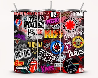 May include: Three stainless steel tumblers with a black background and colourful logos of various rock bands, including Iron Maiden, Sex Pistols, Nirvana, AC/DC, The Rolling Stones, KISS, Red Hot Chili Peppers, The Beatles, Pink Floyd, and more.