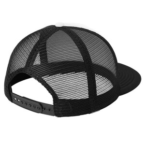 May include: A black and white trucker hat with a mesh back and a curved brim. The hat features a white front panel and a black adjustable snap closure.