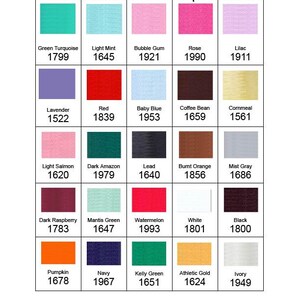 May include: A color chart titled "Thread Color Options" displays a grid of 24 thread colors, each with a name and a four-digit code. Colors range from turquoise and pink to black and ivory, offering a wide selection for embroidery or sewing projects.