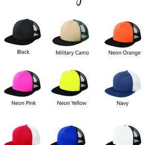 May include: A collection of nine trucker hats in various colors, including black, neon orange, and navy. Each hat features a black brim and mesh back, with the color options labeled below each hat.