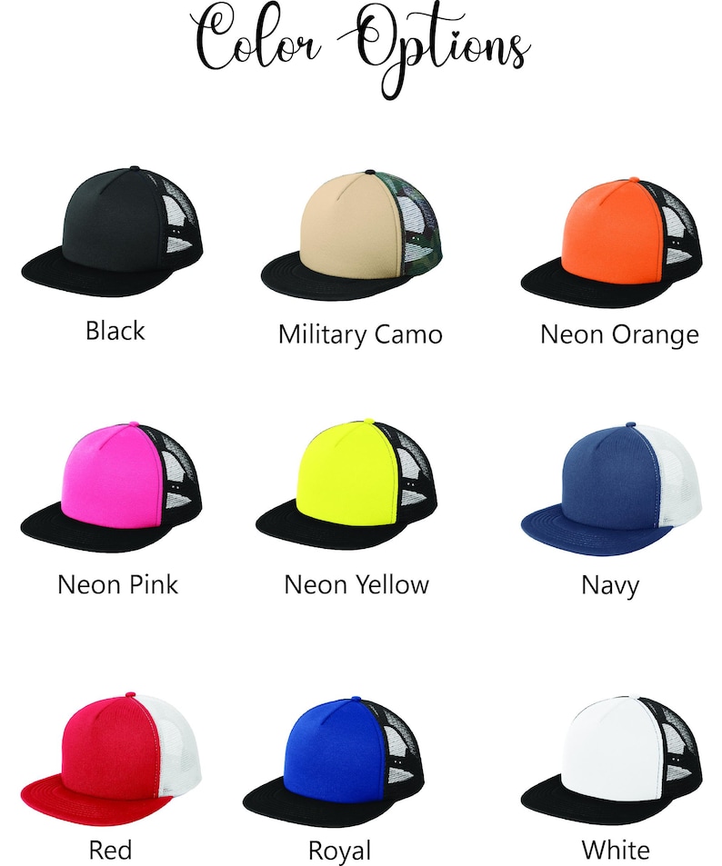 May include: A collection of nine trucker hats in various colors, including black, neon orange, and navy. Each hat features a black brim and mesh back, with the color options labeled below each hat.
