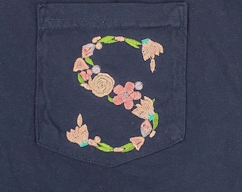 Floral Embroidered Monogram on Pocket T-shirt, Comfort Colors