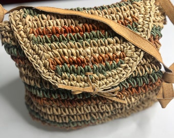 Vintage Crochet and Leather Cornhusk Satchel: Green, Brown & Beige Stripes - Unused Hobo Chic Bag