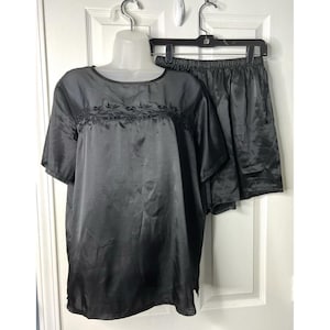 Vintage Inner Most Black Satin 2-Piece Pajama Set - Embroidered Detail - M