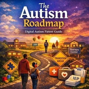 May include: Digital artwork titled "The Autism Roadmap" depicting a road leading to a sunset. The image features signs for "Job" and "Therapy Center", and a parent and child walking together, with hot air balloons in the sky.