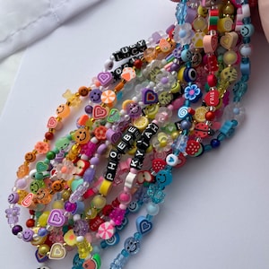 Y2K phone charm, extra long personalised beaded charm/phone strap/keyring. Customisable letter beads. Initials.various colours