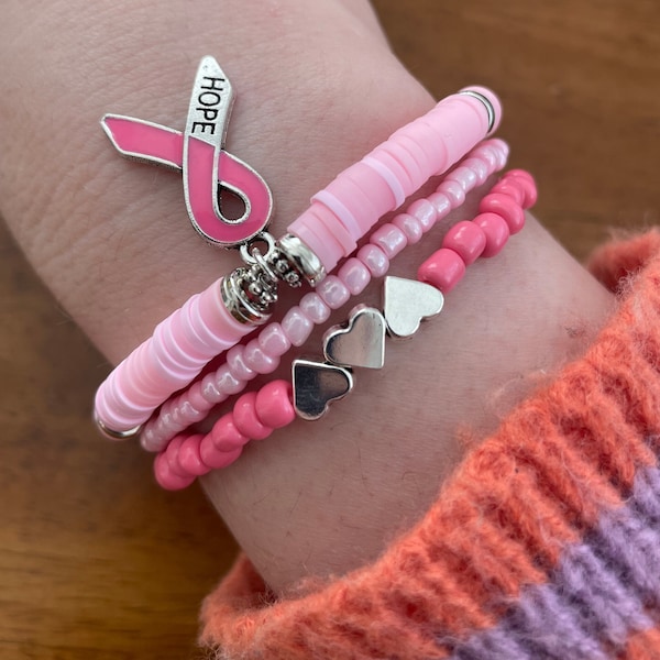 Pastel Breast Cancer Bracelet Stack/pink bracelet with silver heart/pink ribbon bracelet.