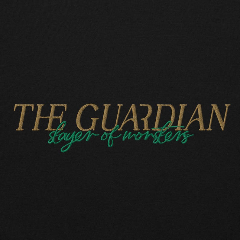 May include: Black background with the text "THE GUARDIAN" in a gold, serif font. Below, in a teal script font, is the text "layer of monsters". The text is centered.