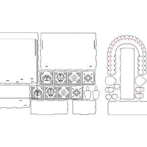Puede incluir: Un dise&ntilde;o de arte en l&iacute;nea en blanco y negro de un altar del D&iacute;a de Muertos, con un arco decorativo, velas y un motivo de calavera. El dise&ntilde;o est&aacute; pensado para el corte por l&aacute;ser y el montaje.