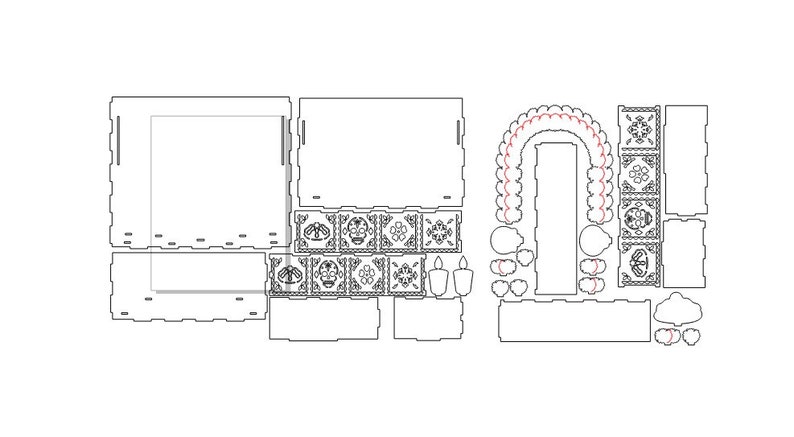 Puede incluir: Un dise&ntilde;o de arte en l&iacute;nea en blanco y negro de un altar del D&iacute;a de Muertos, con un arco decorativo, velas y un motivo de calavera. El dise&ntilde;o est&aacute; pensado para el corte por l&aacute;ser y el montaje.