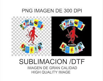 May include: A digital image featuring a red devil figure with a pitchfork, surrounded by colorful playing cards. The text "EL DIABLITO" is below the devil. The image is labeled "PNG IMAGEN DE 300 DPI" and "SUBLIMACION /DTF".