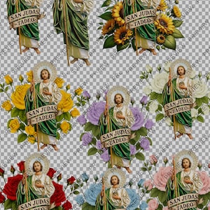 May include: Digital art featuring multiple images of San Judas Tadeo, each surrounded by different floral arrangements. The saint is depicted in green and white robes, holding a staff and a banner that reads "San Judas Tadeo."
