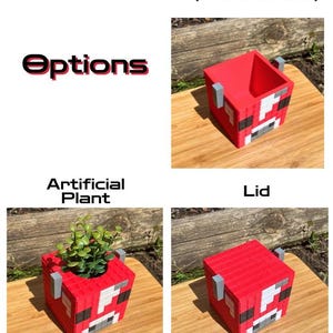 Pode incluir: Um vaso de vaca Minecraft vermelho e branco com op&ccedil;&otilde;es para uma tampa ou uma planta artificial. O vaso &eacute; feito de pl&aacute;stico impresso em 3D e tem um design pixelado.