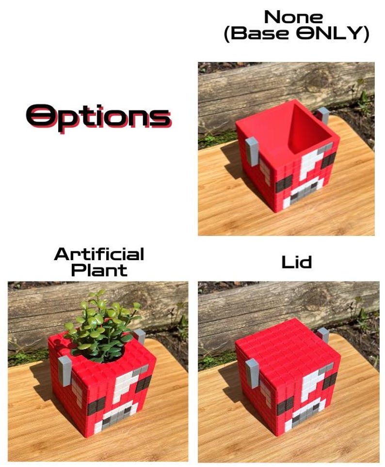Pode incluir: Um vaso de vaca Minecraft vermelho e branco com op&ccedil;&otilde;es para uma tampa ou uma planta artificial. O vaso &eacute; feito de pl&aacute;stico impresso em 3D e tem um design pixelado.