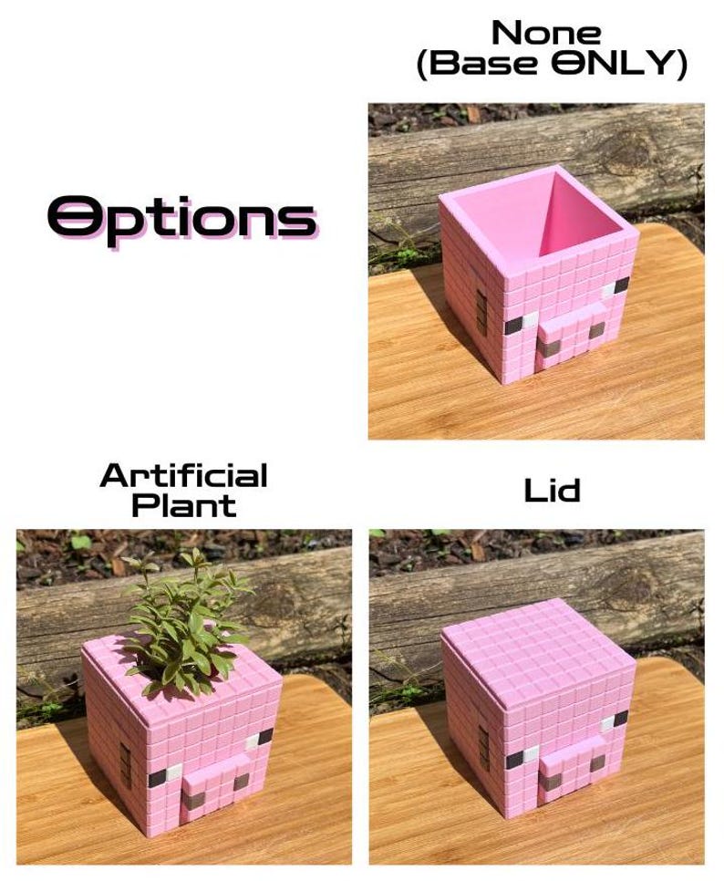 May include: A pink pig-shaped planter with options for a lid and an artificial plant. The planter is made of a blocky, pixelated design, reminiscent of a video game.