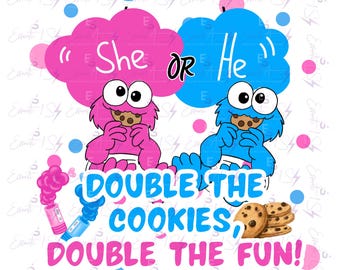 Revelação do sexo dos gêmeos Cookie Monster DTF, arquivo PNG de sublimação para meninos e meninas