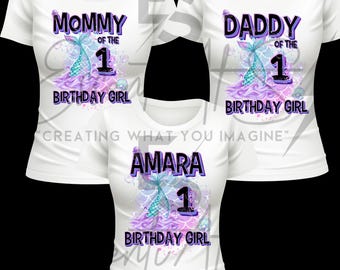 Camisas combinando família de aniversário de sereia, camisa de família de aniversário de sereia, camisa de festa de sereia para aniversariante DTF e sublimação