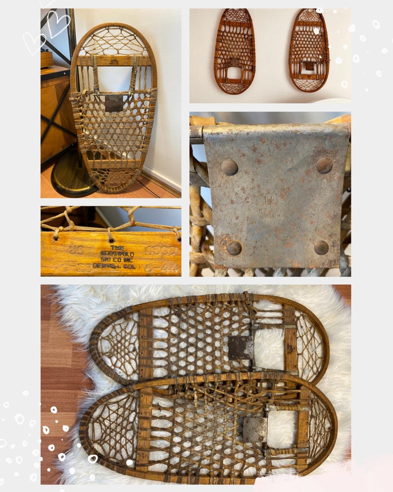Vintage Pair of Snowshoes, Bear Paw Wooden Snowshoes, Bearpaw Snowshoes