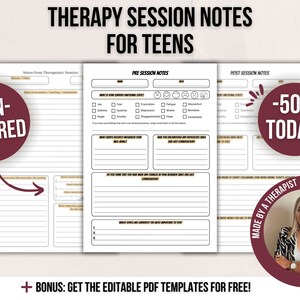 May include: A printable PDF document with the title "Therapy Session Notes for Teens". The document is divided into three sections: "Notes from Therapeutic Session", "Pre Session Notes", and "Post Session Notes". The document is designed to help teens track their mental health and progress in therapy.