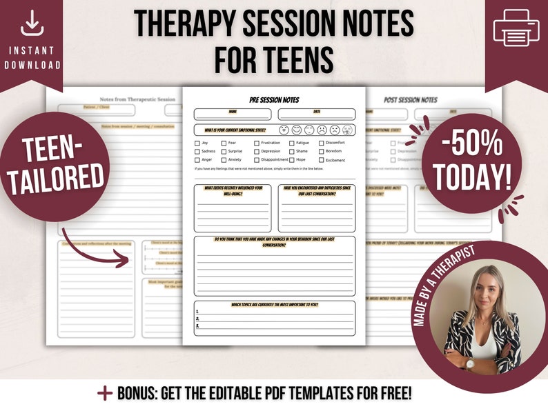 Pre and Post Therapy Session Notes for Teens Printable PDF | Therapy ...